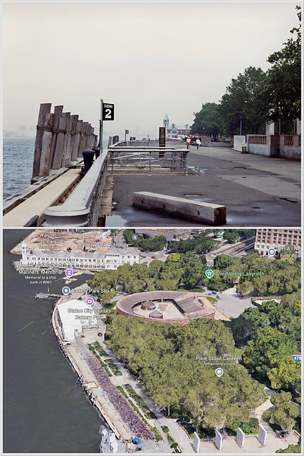 Looking towards the American Merchant Mariner’s Memorial and Pier A Harbor House, Battery Park (Scan from June 1981)