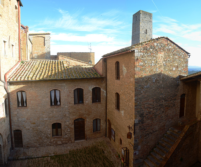 Italy, San Gimignano, Buildings of Palazzo Comunale and the Top of Torre dei Becci