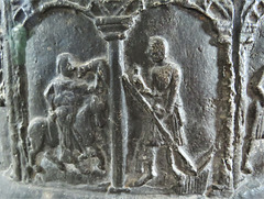 brookland church, kent, latest c12 lead font with signs of the zodiac above labours of the months, the former named in latin, the latter in norman french. it has been suggested that the font was stolen in a mediaeval raid on normandy.