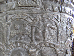 brookland church, kent, latest c12 lead font with signs of the zodiac above labours of the months, the former named in latin, the latter in norman french. it has been suggested that the font was stolen in a mediaeval raid on normandy.
