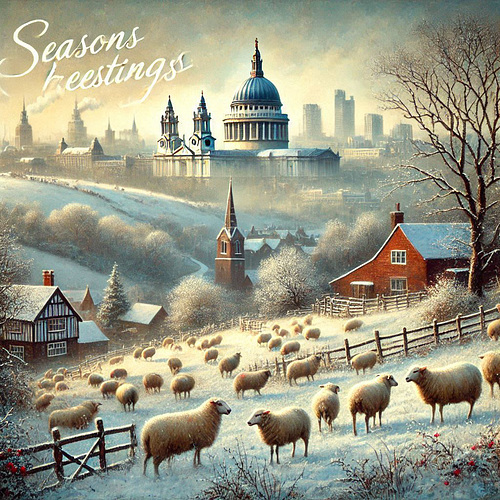 English country scene with sheep on the hillside, snow, and Seasons Greetings, without St Pauls Cathedral on the horizon