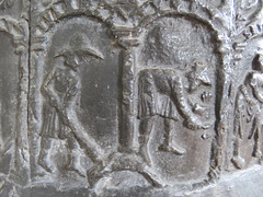 brookland church, kent, latest c12 lead font with signs of the zodiac above labours of the months, the former named in latin, the latter in norman french. it has been suggested that the font was stolen in a mediaeval raid on normandy.