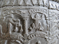 brookland church, kent, latest c12 lead font with signs of the zodiac above labours of the months, the former named in latin, the latter in norman french. it has been suggested that the font was stolen in a mediaeval raid on normandy.