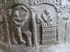 brookland church, kent, latest c12 lead font with signs of the zodiac above labours of the months, the former named in latin, the latter in norman french. it has been suggested that the font was stolen in a mediaeval raid on normandy.