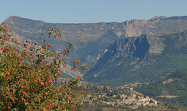 Au loin, le village médiéval de Trigance, département du Var.