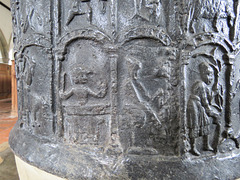 brookland church, kent, latest c12 lead font with signs of the zodiac above labours of the months, the former named in latin, the latter in norman french. it has been suggested that the font was stolen in a mediaeval raid on normandy.