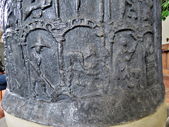 brookland church, kent, latest c12 lead font with signs of the zodiac above labours of the months, the former named in latin, the latter in norman french. it has been suggested that the font was stolen in a mediaeval raid on normandy.