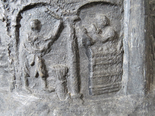 brookland church, kent, latest c12 lead font with signs of the zodiac above labours of the months, the former named in latin, the latter in norman french. it has been suggested that the font was stolen in a mediaeval raid on normandy.