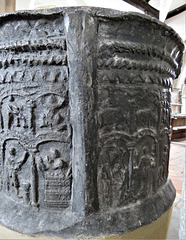 brookland church, kent, latest c12 lead font with signs of the zodiac above labours of the months, the former named in latin, the latter in norman french. it has been suggested that the font was stolen in a mediaeval raid on normandy.