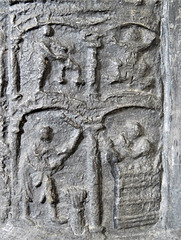 brookland church, kent, latest c12 lead font with signs of the zodiac above labours of the months, the former named in latin, the latter in norman french. it has been suggested that the font was stolen in a mediaeval raid on normandy.