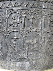 brookland church, kent, latest c12 lead font with signs of the zodiac above labours of the months, the former named in latin, the latter in norman french. it has been suggested that the font was stolen in a mediaeval raid on normandy.