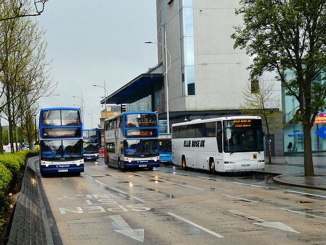 Buses and a coach in Ferensway, Hull - 2 May 2019 (P1010184)