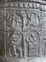 brookland church, kent, latest c12 lead font with signs of the zodiac above labours of the months, the former named in latin, the latter in norman french. it has been suggested that the font was stolen in a mediaeval raid on normandy.