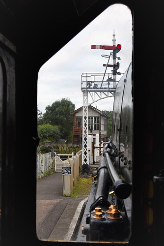 Drivers view from the cab of 'Bahamas' waiting for the signal to clear.