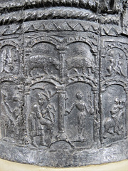 brookland church, kent, latest c12 lead font with signs of the zodiac above labours of the months, the former named in latin, the latter in norman french. it has been suggested that the font was stolen in a mediaeval raid on normandy.