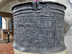 brookland church, kent, latest c12 lead font with signs of the zodiac above labours of the months, the former named in latin, the latter in norman french. it has been suggested that the font was stolen in a mediaeval raid on normandy.