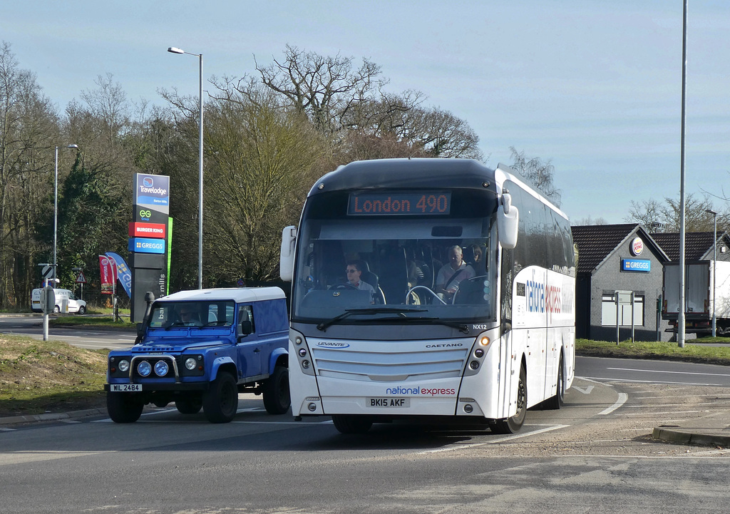 Whippet Coaches (National Express contractor) NX12 (BK15 AKF)  at Barton Mills - 22 Feb 2019 (P1000441)