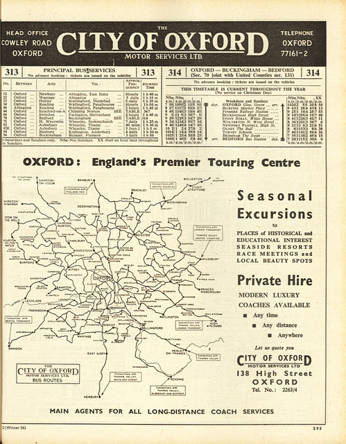 Page from the ABC Coach and Bus Guide (Winter 1956/7) featuring details for The City of Oxford Motor Services Limited