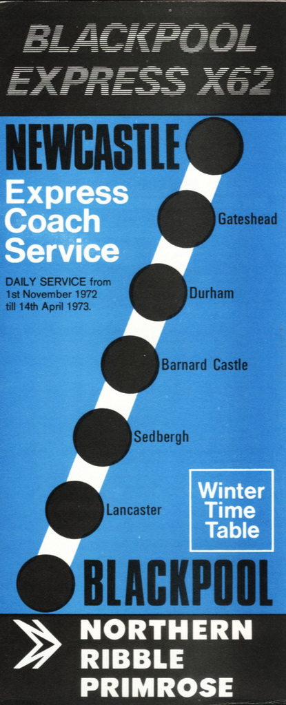 Primrose, Ribble and Northern General - Newcastle to Blackpool winter service leaflet 1972 cover
