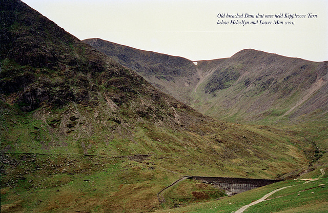 Old breached Dam that once held Kepplecove Tarn below Helvellyn and Lower Man (Scan from June 1994)