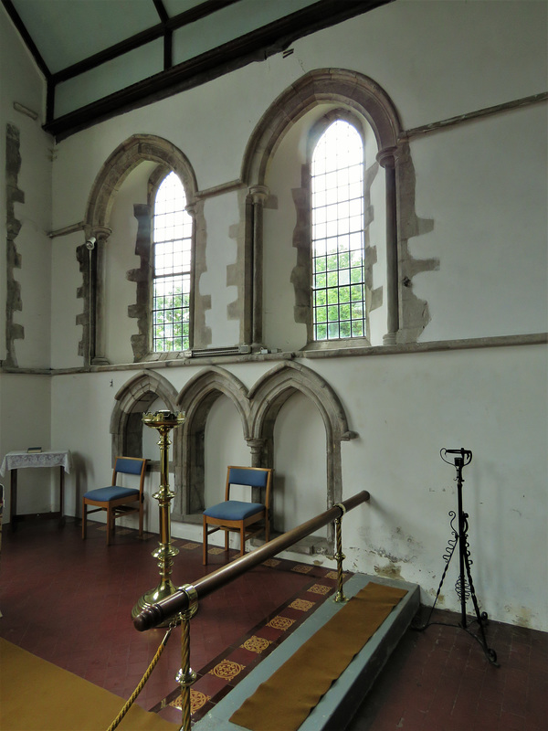brookland church, kent  (10) c13  chancel with piscina and sedilia