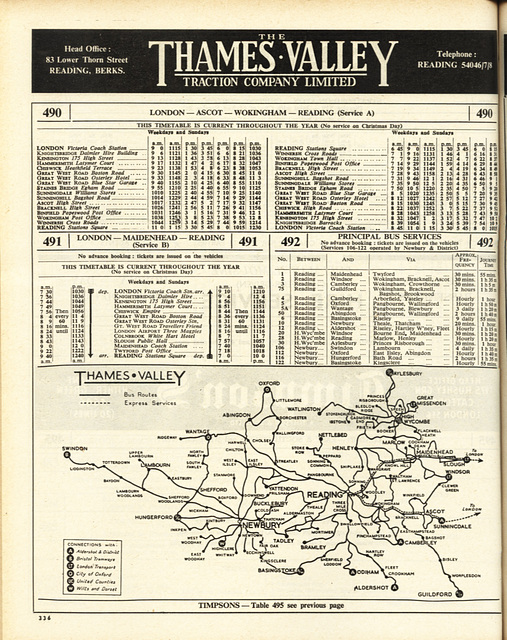 Page from the ABC Coach and Bus Guide (Winter 1956/7) featuring details for the Thames Valley Traction Co Ltd