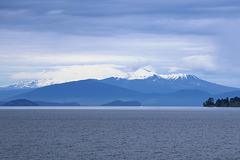 Central Plateau Volcanoes: Ruapehu, Tongariro & Ngauruhoe from Lake Taupo, New Zealand