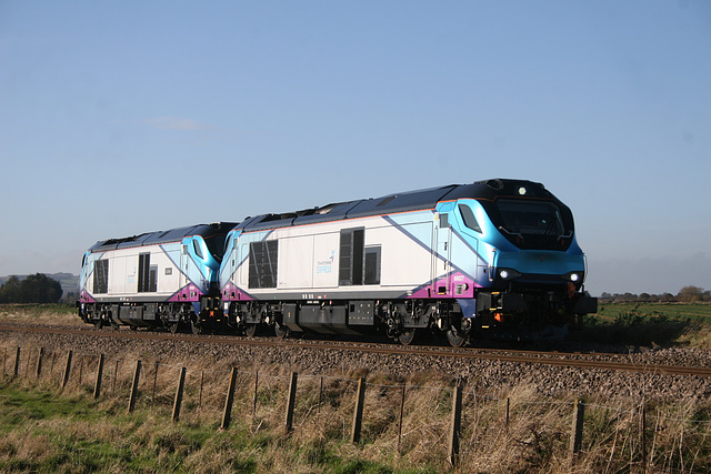 First Trans Pennine class 68`s 68027+68023 ACHILLES running as 0B62 10:46 York - Scarborough driver Training run at Willerby Carr Crossing 12th November 2018.