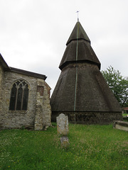 brookland church, kent  (75) c14 north aisle east window, with the early c15 belfry built onto a c13 core