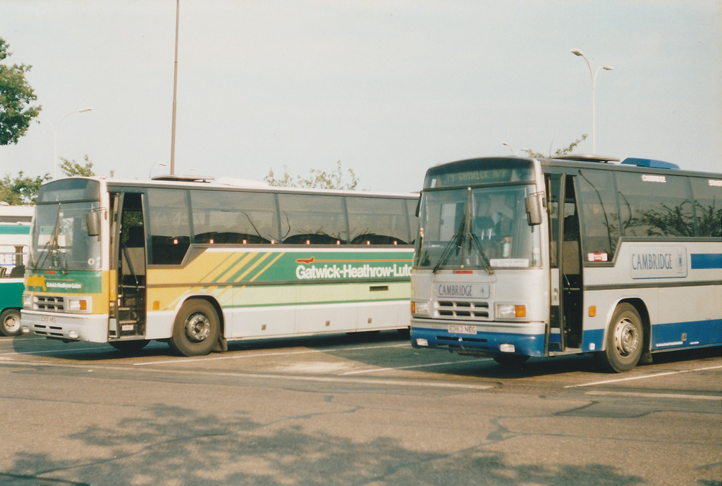 Cambridge Coach Services E363 NEG and Sovereign E359 NEG at Gatwick - 15 Jul 1990