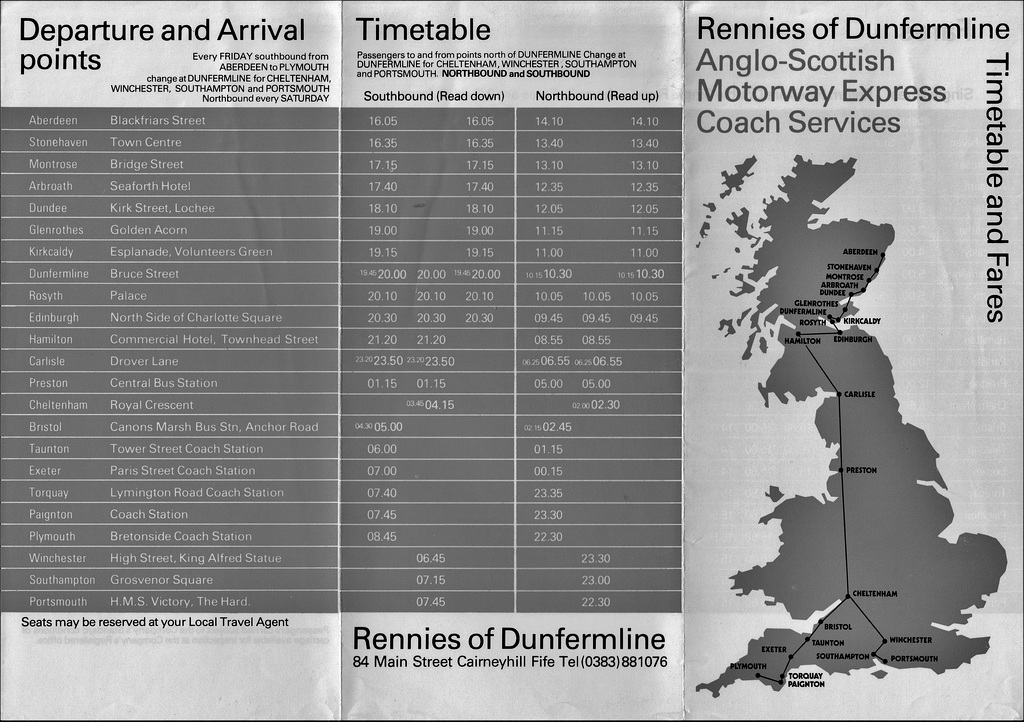 Rennie's undated timetable (mid 1980s ) (B&W)