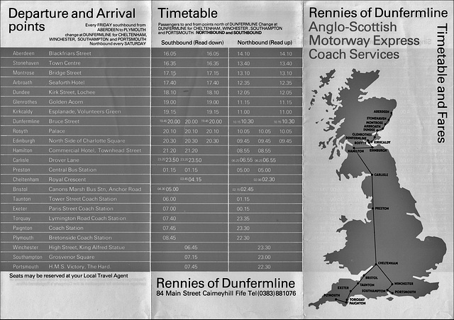 Rennie's undated timetable (mid 1980s ) (B&W)