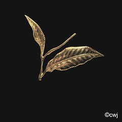 Two leaves and a bud 18k gold brooch on black