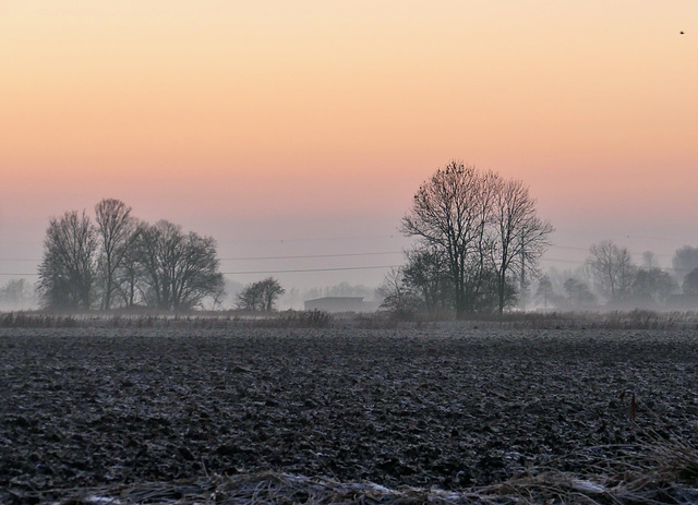 Aufziehender Nebel bei Sonnenuntergang