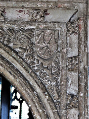 totnes church, devon, spoonbills in heraldry on south doorway spandrel, c15 (1)