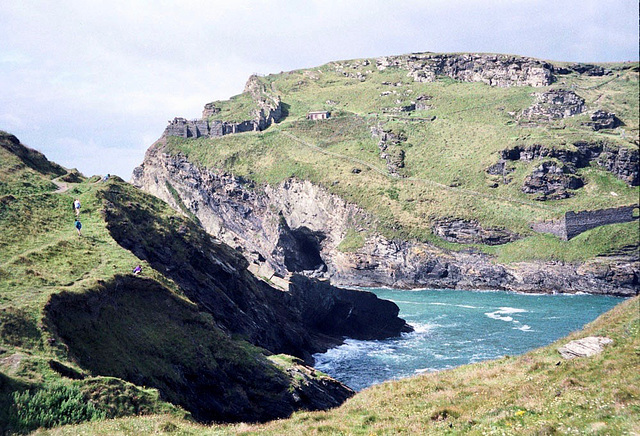 Tintagel Castle and Merlin’s Cave from the SW Coast Path (Scan from August 1992)