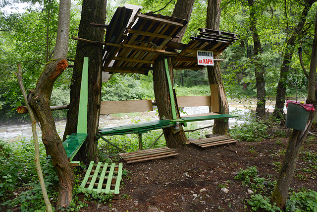 Bulgaria, Blagoevgrad, Benches for Rest under a Canopy in the Park of Bachinovo