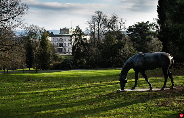 Blick auf die Villa Hügel. Rechts die lebensgroße Bronzeplastik „Weidendes Pferd“, von Albert Hinrich Hussmann