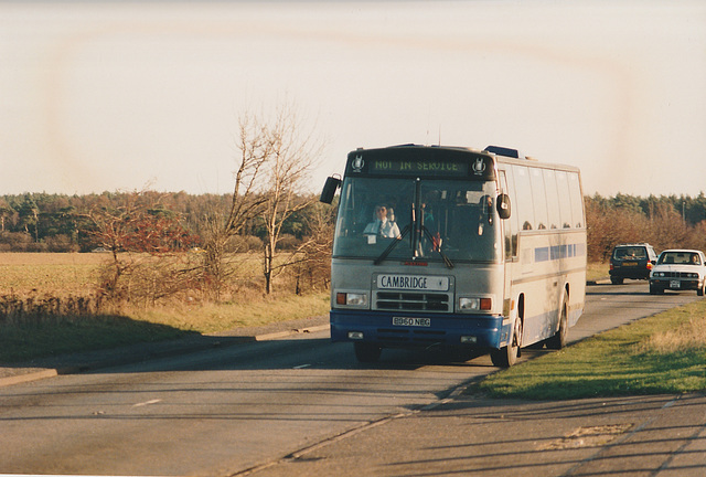 Cambridge Coach Services E360 NEG near USAF Mildenhall - 27 Dec 1991