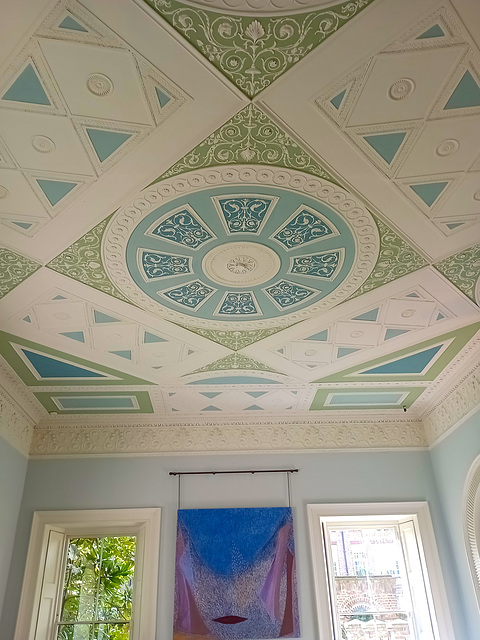 The blue dining room ceiling.