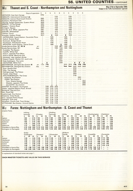 United Counties Omnibus Company Summer 1972 timetable - East Midlands-South Coast/Thanet Holiday Express Services