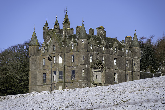 Blaintore castle close up in snow