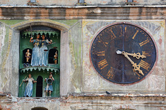 Romania, Sighişoara, Puppet Show and the Clock Face on the Clock Tower