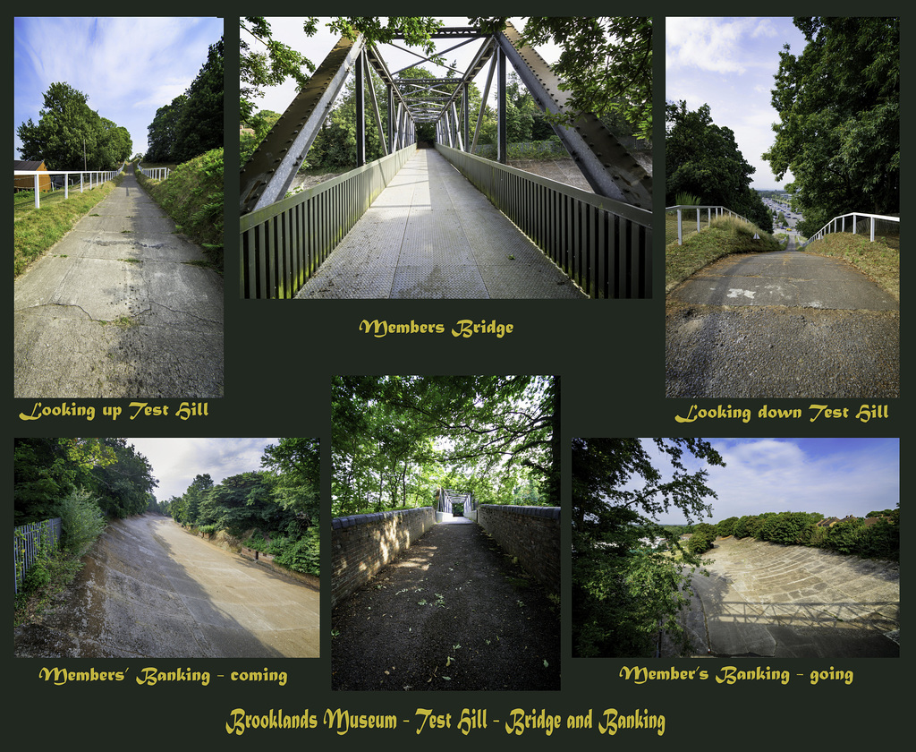 Collage of Brooklands historic race circuit features