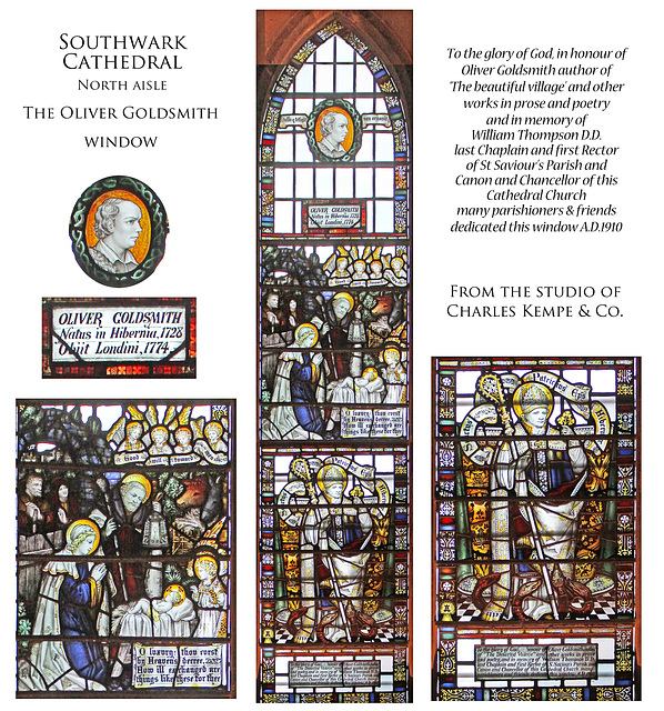 Southwark Cathedral + Oliver Goldsmith window + by Charles Kempe & Co +1910