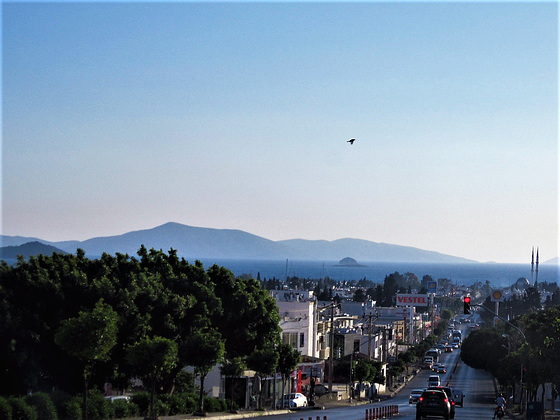 The road into Turgetries with Kalimnos (Greece) in the  distance.