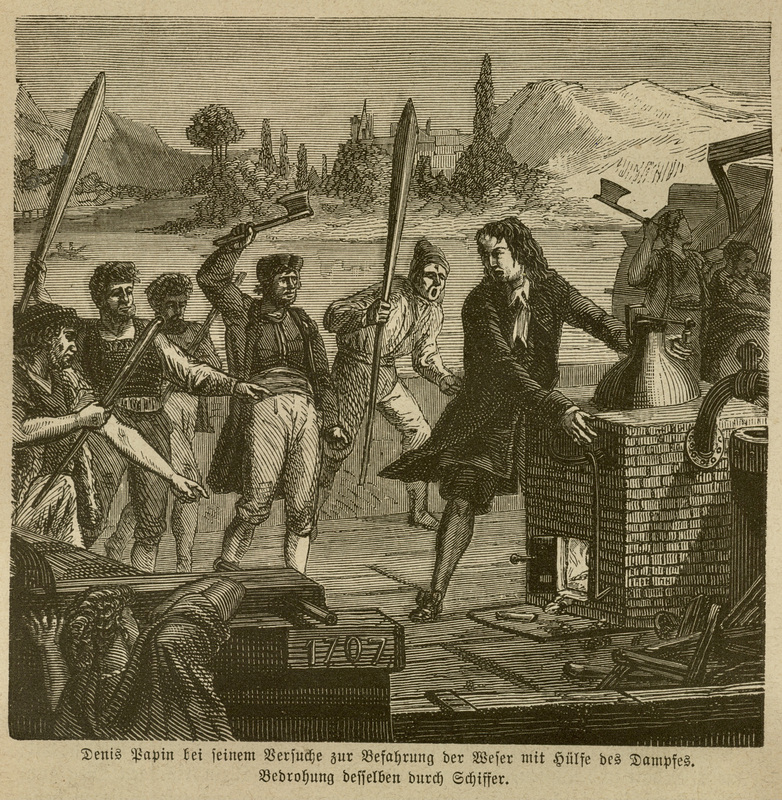 Denis Papin and his steam-powered boat attacked by Weser boatmen