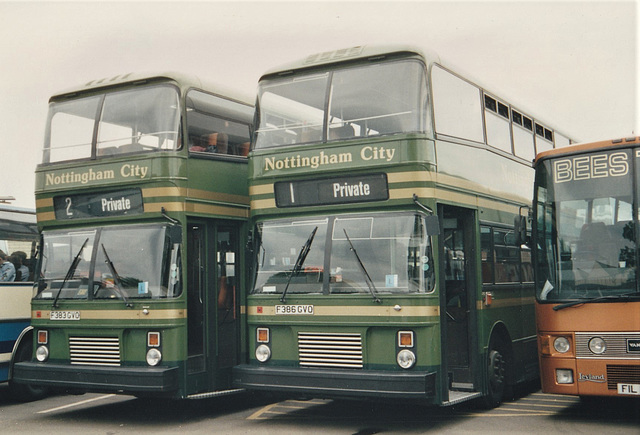 Nottingham City Transport 383 (F383 GVO) and 386 (F386 GVO) at RAF Mildenhall – 29 May 1994 (226-03)