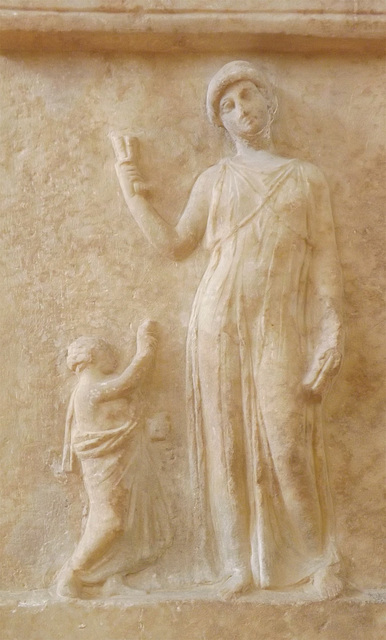 Detail of a Grave Stele with a Dancing Girl and Boy in the National Archaeological Museum in Athens, May 2014