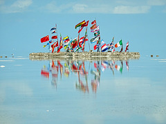 Salt mound with Flags of the visited ambassadors, Uyuni_Bolivia